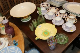 A green glass liqueur set; a pedestal fruit bowl;