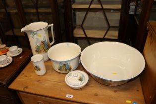 A Newhall wash jug and bowl, chamber pot, soap dis