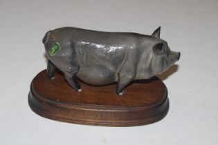 A Beswick model of a pig on wooden plinth