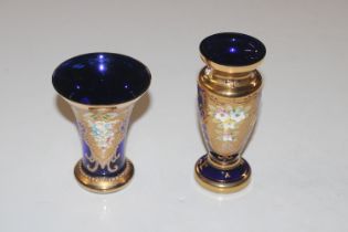 Two cobalt blue and gilded Bohemian glass vases