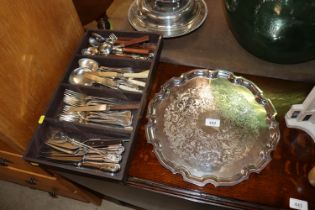 A cutlery tray and contents of various cutlery and a silver plated tray