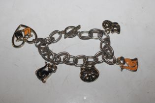 A boxed white metal bracelet with cat charms