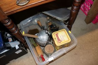 A box of various vintage kitchenalia and advertisi