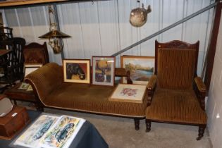 An Edwardian three piece parlour suite - one chair in need of re-upholstery