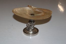 A Chinese white metal and mother of pearl pedestal