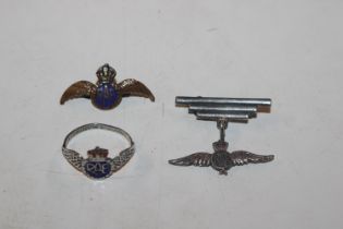 A Sterling silver and enamel RAF brooch and two RA