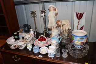 A pair of candlesticks; various glassware; porcela