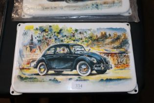 An enamel plaque of a Volkswagen Beetle