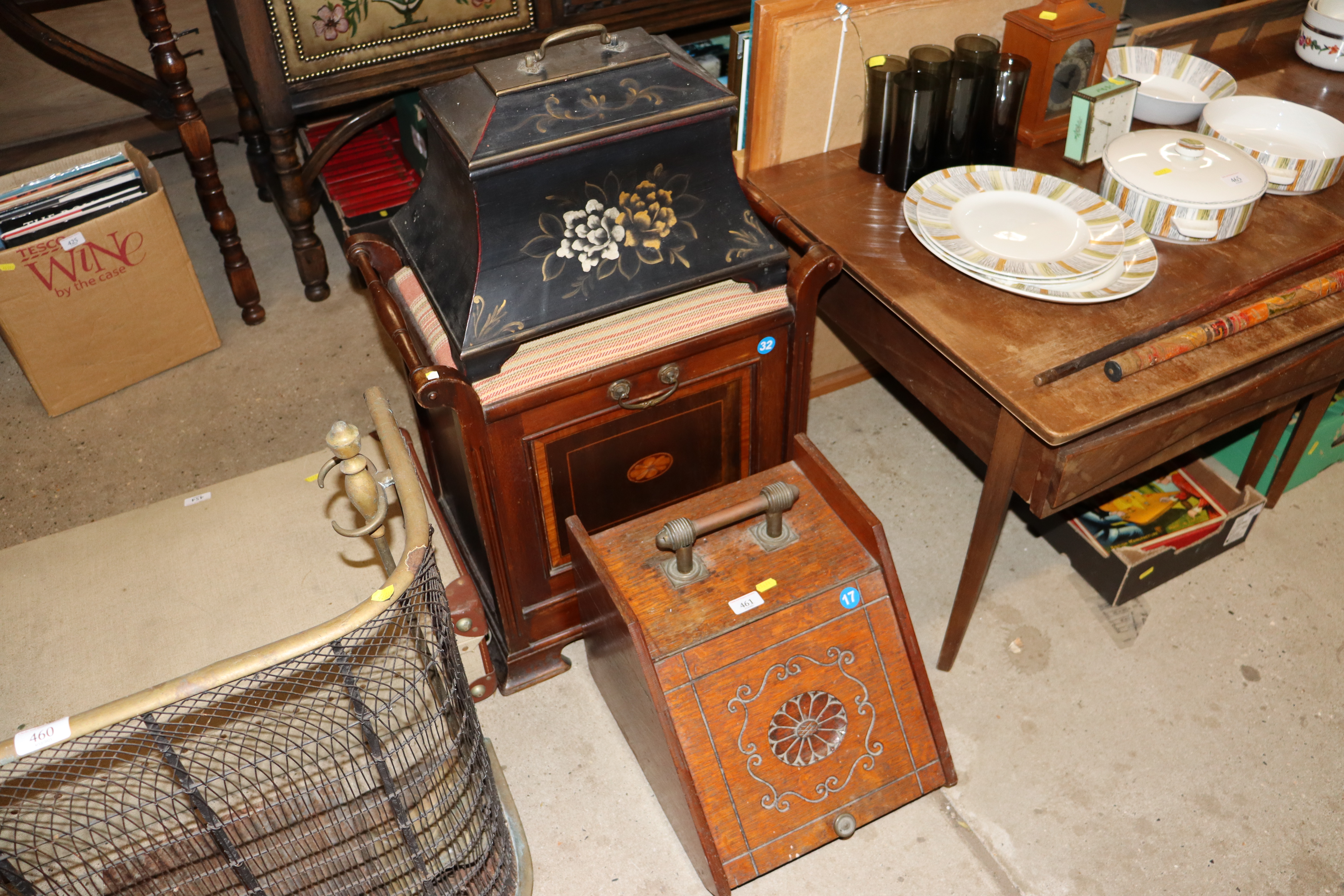 An oak coal scuttle; a 19th Century piano stool; a