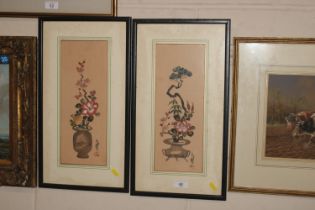 A pair of Oriental still life studies on fabric wi