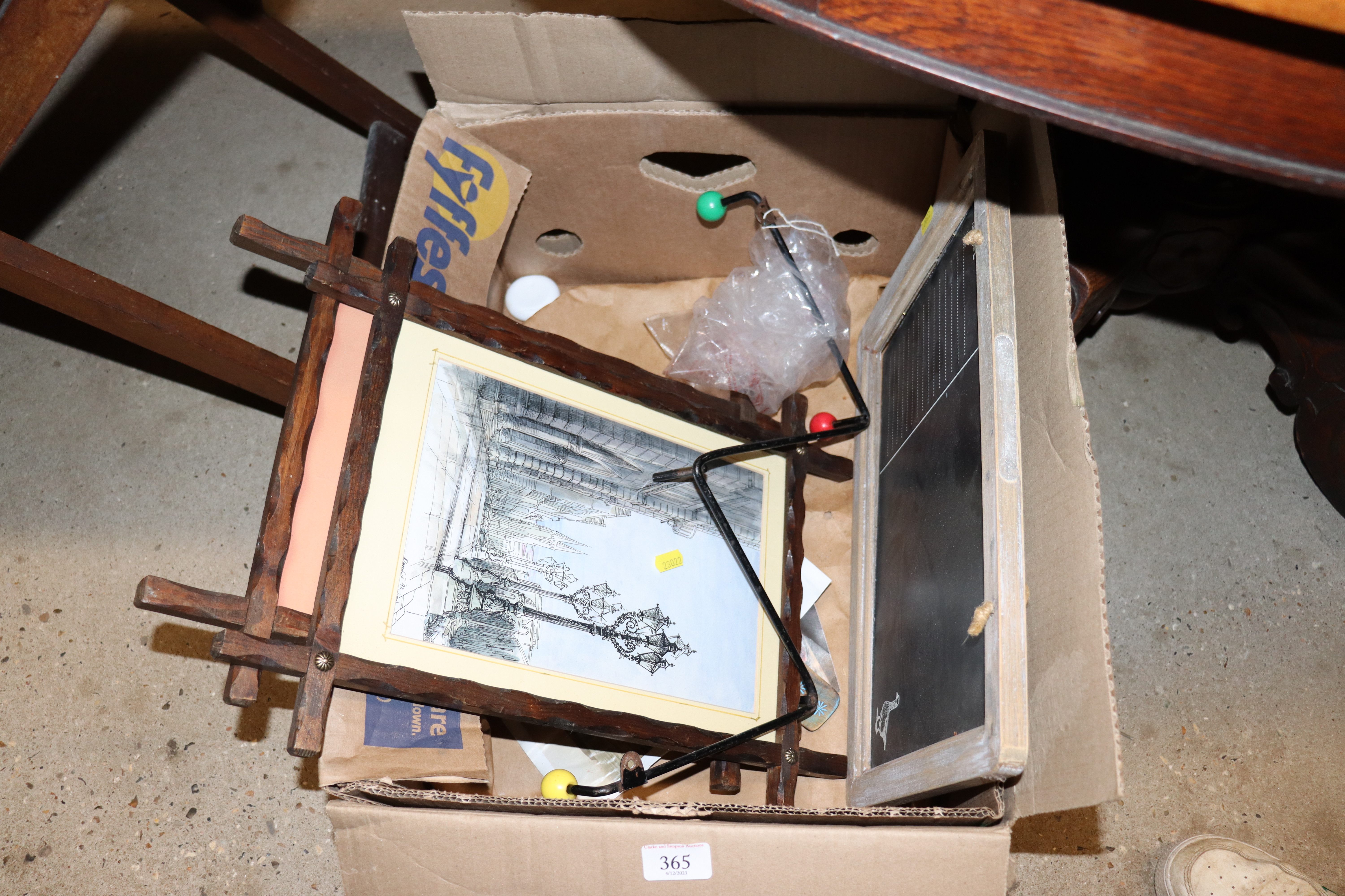 A pair of Oxford framed prints; chalk board etc.