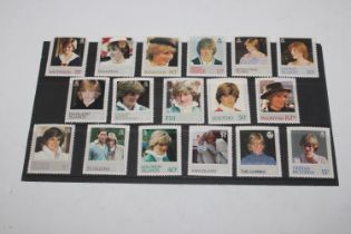 Seventeen Colonial stamps celebrating Princess Dia