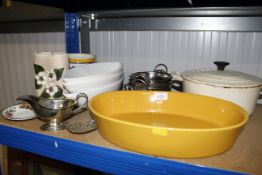 A Le Creuset casserole dish and cover; various oth