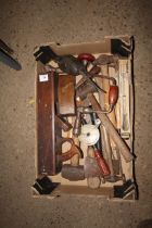 A quantity of vintage wood working tools to include jack, plane, hand brace, oil can etc