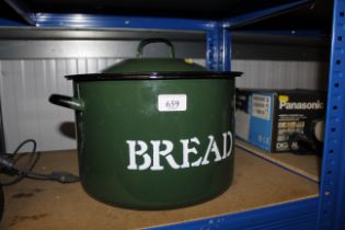 An enamel bread bin