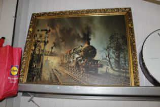 A gilt frame coloured print of a steam train, afte