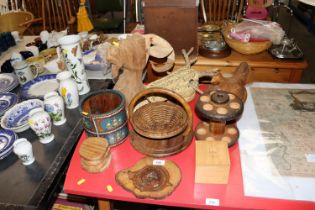 A collection of wooden items to include a chicken