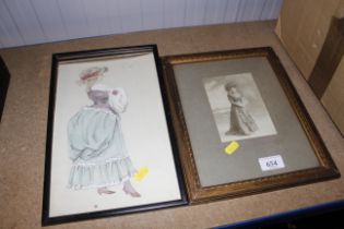 A framed sketch of a lady and a black and white ph