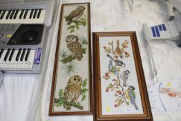 A wool work study of owls and needlework study of
