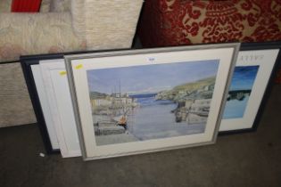 A framed coloured print depicting a harbour scene;