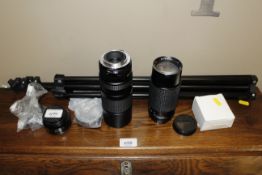 A collection of camera lenses and accessories