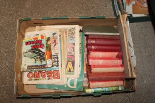 A box containing various comics and books