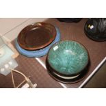 A blue glazed Studio Pottery charger AF; a Studio