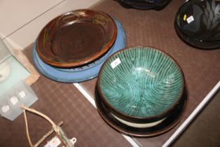 A blue glazed Studio Pottery charger AF; a Studio