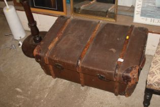 A circa 1950's battened leather and canvas school