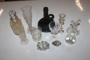 A box of assorted glassware including vases, colou