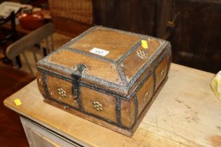 A metal bound and hardwood trinket box and content