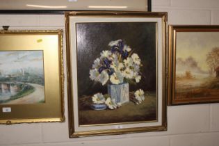 Jill Llett, oil on board "Daisies & Irises" signed