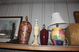 Five various pottery onyx and other table lamps (o