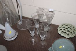 Six wine glasses with frosted glass stems, signed