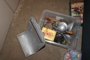 A box of various vintage kitchenalia and advertisi