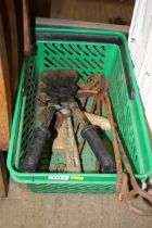 A plastic crate and small quantity of tools; ironw