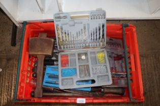 A tray box containing various tools to include a rubber mallet, cased set of drill bits and a twelve