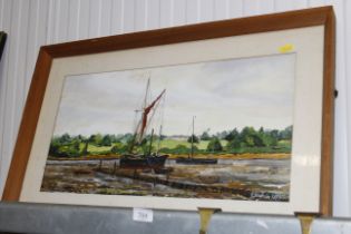 J Bingham, 1979 'Barge at Pin Mill' watercolour