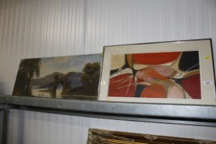 Oil on canvas, rural scene and an abstract pastel