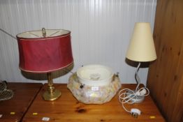 Two table lamps and a mottled ceiling lamp shade