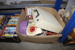 A box of various kitchenalia and portable typewri