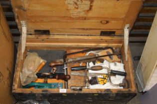 A wooden carpenters tool chest and contents of too