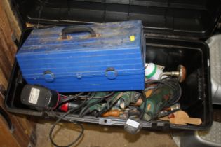 A plastic tool box containing a Bosch sander, a Bo