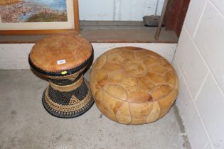 A retro wicker and leather upholstered stool; and