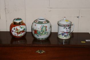 Two Chinese ginger jars, one with lid missing; and