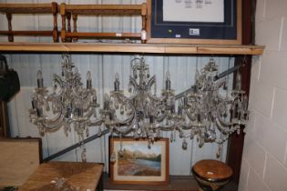 Three matching cut glass and metal chandeliers, hu