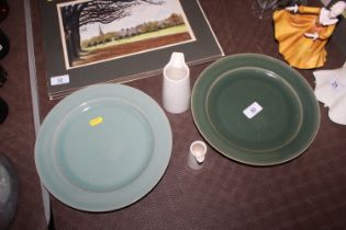 Claudia Lis, two green glazed Studio plates and tw