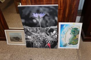 Two floral photographs on canvas; a limited edition print on card and a signed Kathleen Fermyn