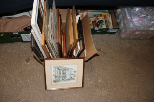 A box of various pictures; prints and picture fram