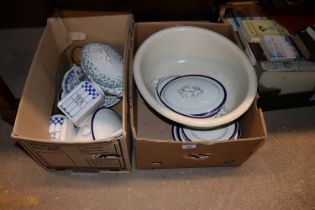 Two boxes of various blue and white china